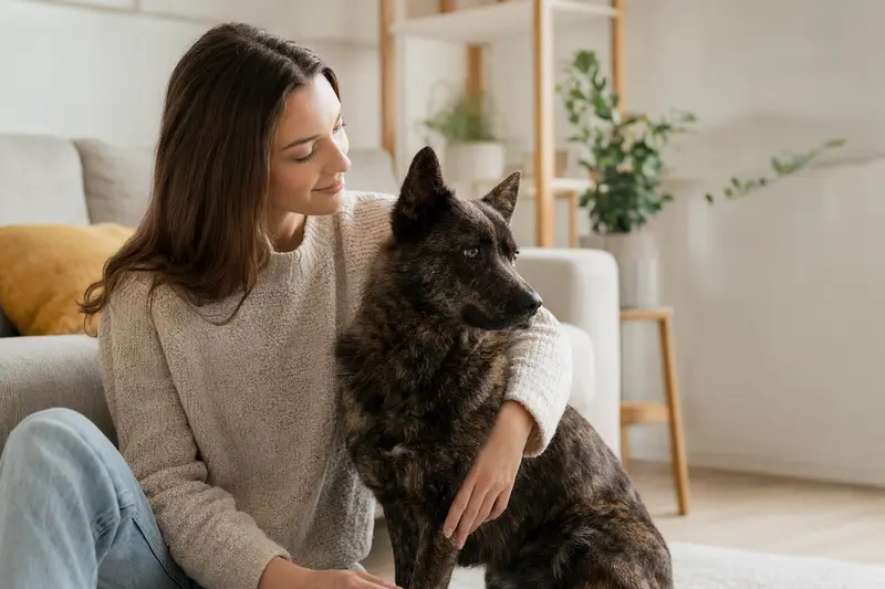 Ein glücklicher Kai Ken sitzt entspannt neben seinem Besitzer in einer hellen Wohnung.