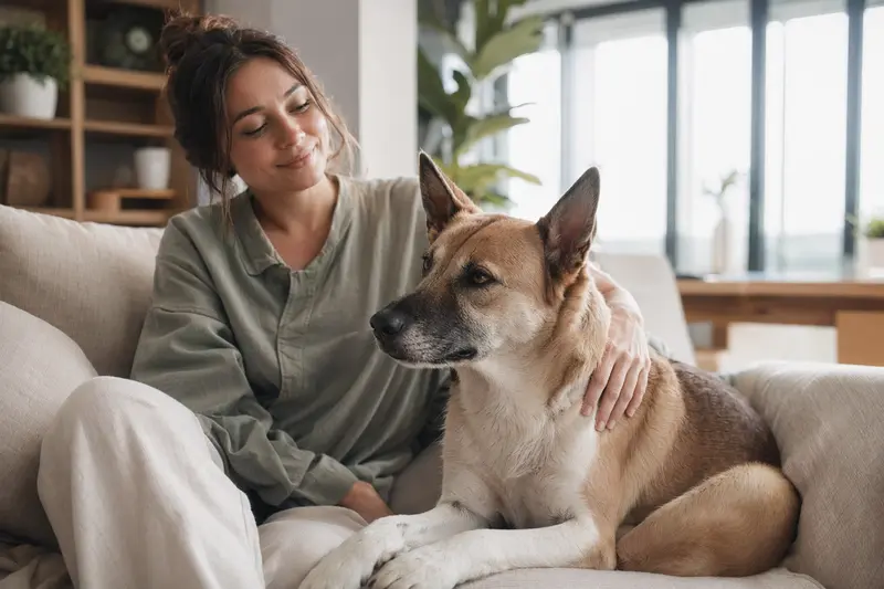 Ein glücklicher Kanaanhund sitzt entspannt neben seinem Besitzer in einer modernen Wohnung.