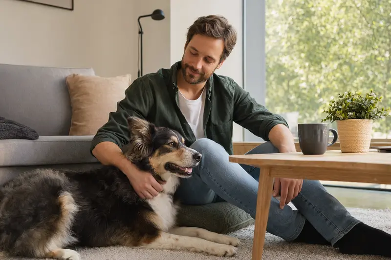 Ein entspannter Kanadischer Schäferhund sitzt neben seinem glücklichen Besitzer in einer modernen Wohnung.