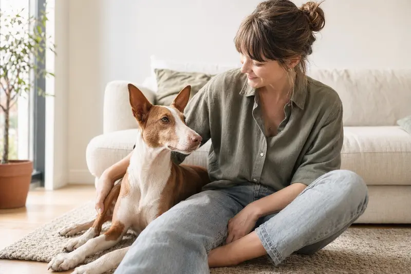Ein glücklicher Kanarischer Podenco sitzt entspannt neben seinem Halter in einer hellen modernen Wohnung und vermittelt Vertrauen rund um die Hundeversicherung.
