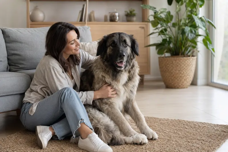 Ein glücklicher Karakachan-Hund sitzt entspannt neben seinem Besitzer in einer modernen Wohnung und vermittelt Vertrauen.