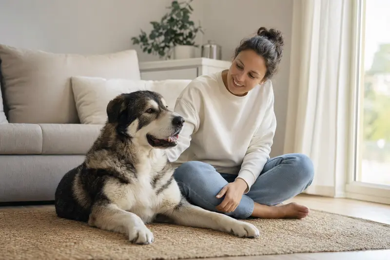 Ein freundlicher Karakatschan Bulgarischer Hirtenhund sitzt entspannt neben seinem Halter in einer hellen Wohnung und vermittelt eine vertrauensvolle Atmosphäre für einen Hundeversicherungs-Ratgeber.
