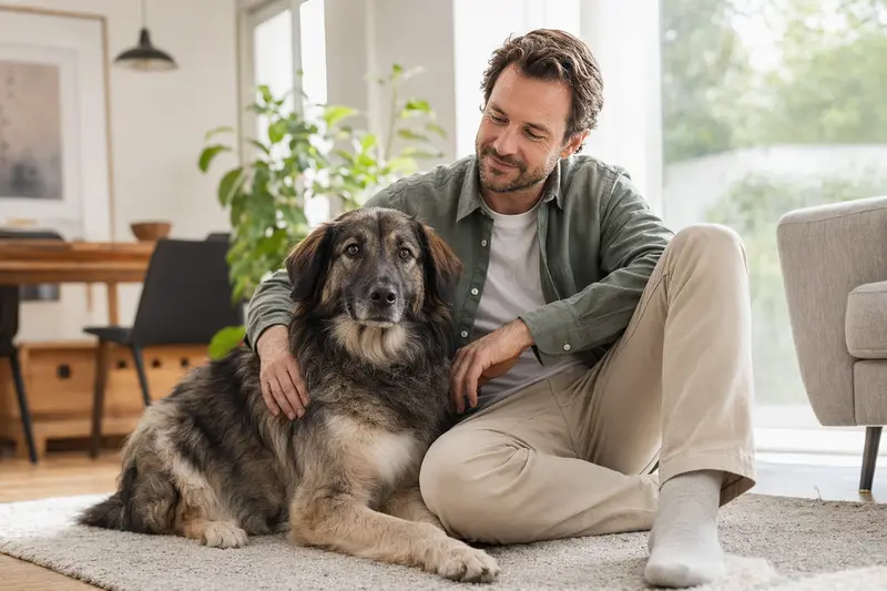 Ein glücklicher Karakatschan-Hund sitzt entspannt neben seinem Halter in einer hellen und modernen Wohnung.
