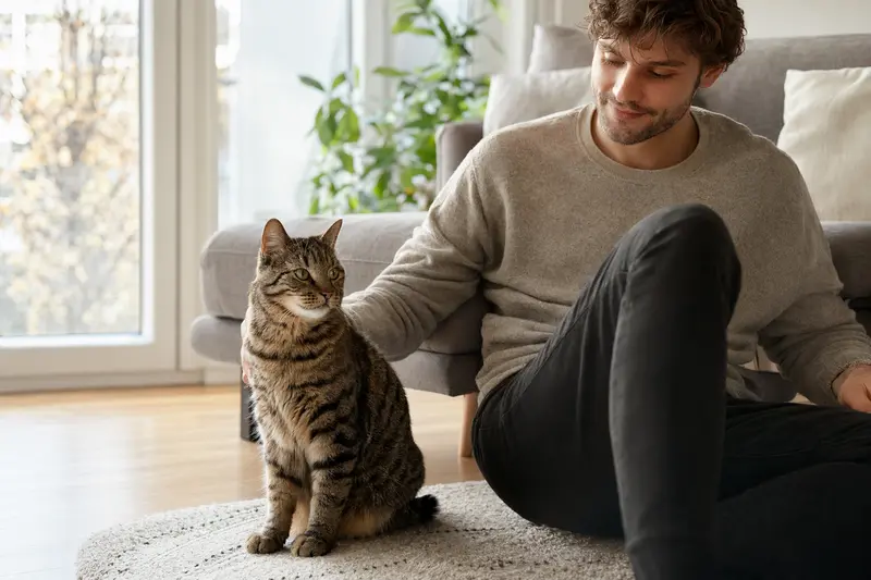 Eine gesunde Karelische Stummelschwanzkatze sitzt entspannt neben ihrem Besitzer in einer hellen, modernen Wohnung.