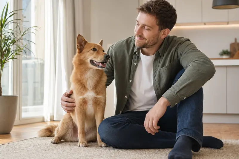 Ein glücklicher Karelo-Finnish Laika sitzt entspannt neben seinem Besitzer in einer hellen modernen Wohnung als stimmungsvolles Hero-Bild zur Hundeversicherung.