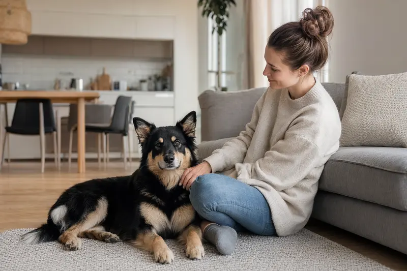Ein gesunder Karjalankarhukoira sitzt entspannt neben seinem Halter in einer hellen modernen Wohnung und vermittelt Vertrauen, Sicherheit und eine hochwertige Hundeversicherung.