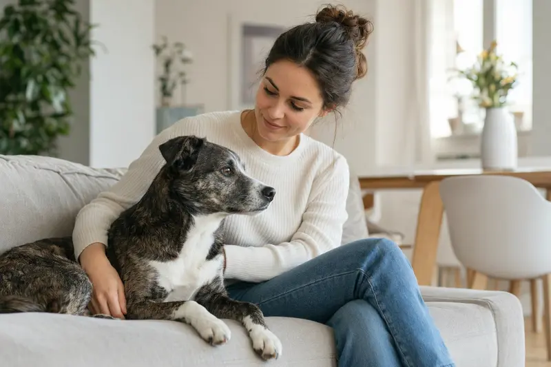 Ein glücklicher Karsthund sitzt entspannt neben seinem Besitzer in einer hellen, modernen Wohnung.