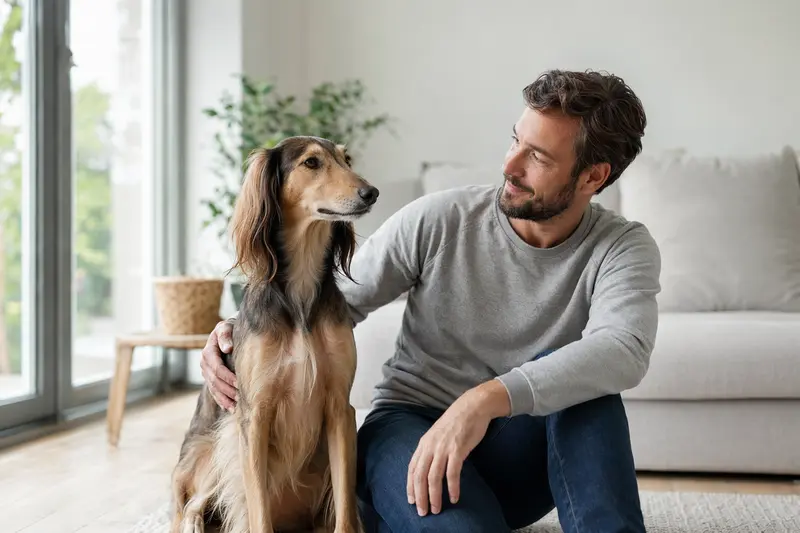 Ein glücklicher Hund sitzt neben seinem Halter in einer modernen Wohnung und genießt die vertrauensvolle Atmosphäre.