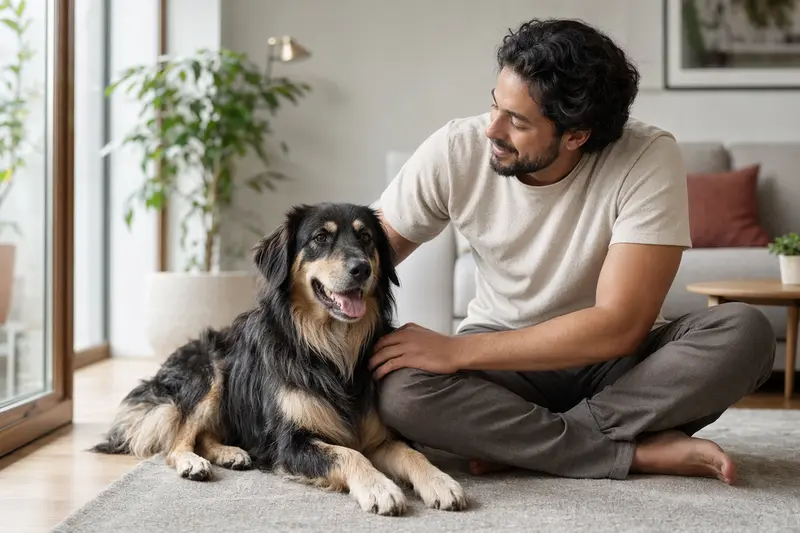 Ein entspannter Kashmiri Bakharwal Dog sitzt neben seinem Besitzer in einer modernen Wohnung, umgeben von warmem Licht.