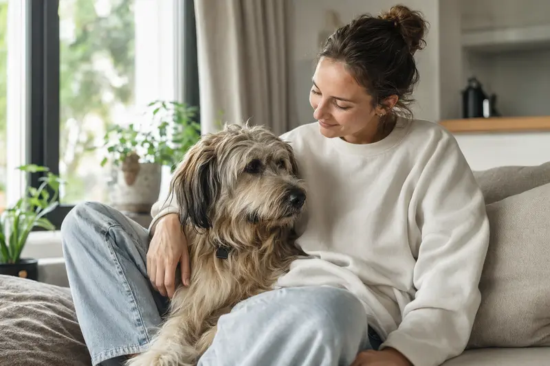 Ein froher Katalanischer Schäferhund sitzt entspannt neben seinem Halter in einer modernen Wohnung.