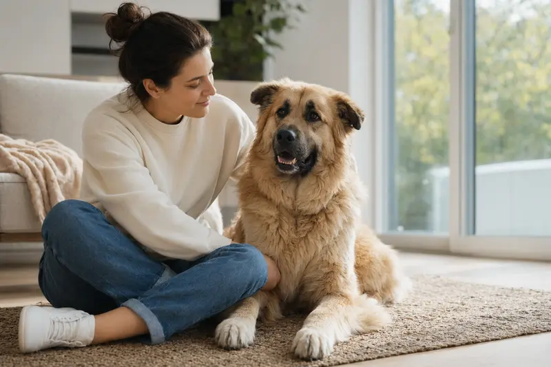 Ein glücklicher Kaukasischer Hirtenhund sitzt entspannt neben seinem Besitzer in einer modernen Wohnung.