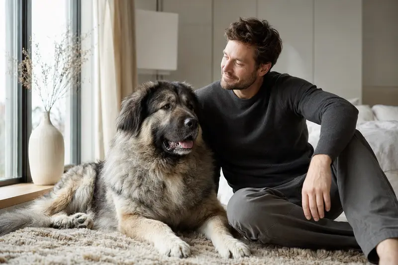 Ein entspannter Kaukasischer Owtscharka sitzt neben seinem Besitzer in einer modern gestalteten Wohnung.