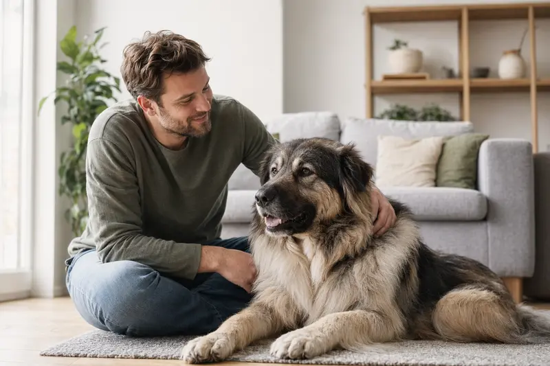 Ein glücklicher Kaukasischer Schäferhund sitzt entspannt neben seinem Halter in einer modernen Wohnung und strahlt Wohlbefinden aus.