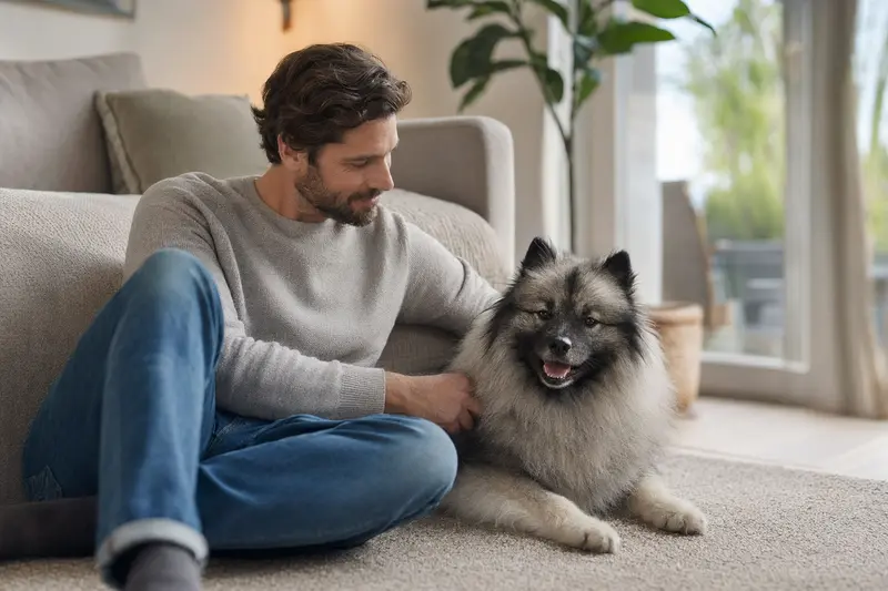 Ein glücklicher Keeshond sitzt entspannt neben seinem Halter in einer modernen Wohnung und strahlt Vertrauen aus.