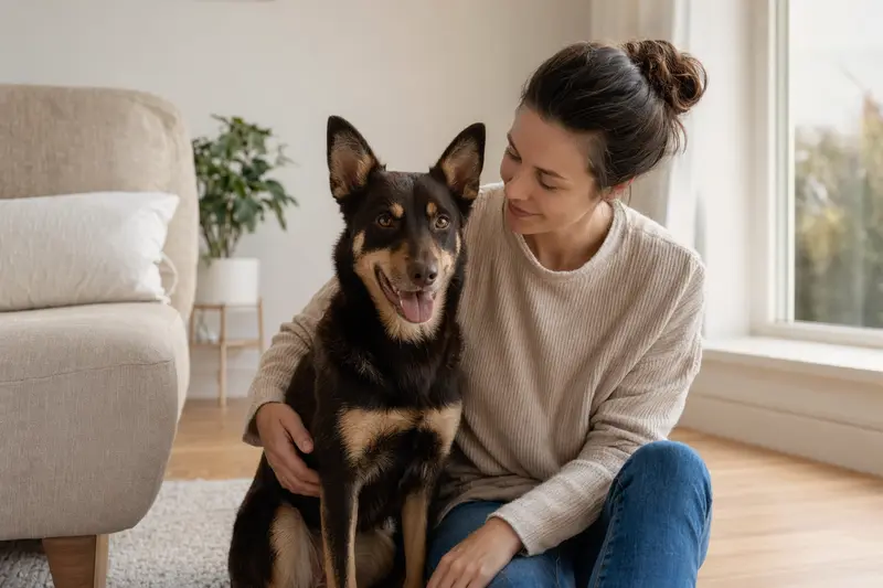 Ein gesunder Kelpie sitzt entspannt neben seinem Besitzer in einer hellen Wohnung und vermittelt eine vertrauensvolle Atmosphäre rund um Hundeversicherung und Tiergesundheit.