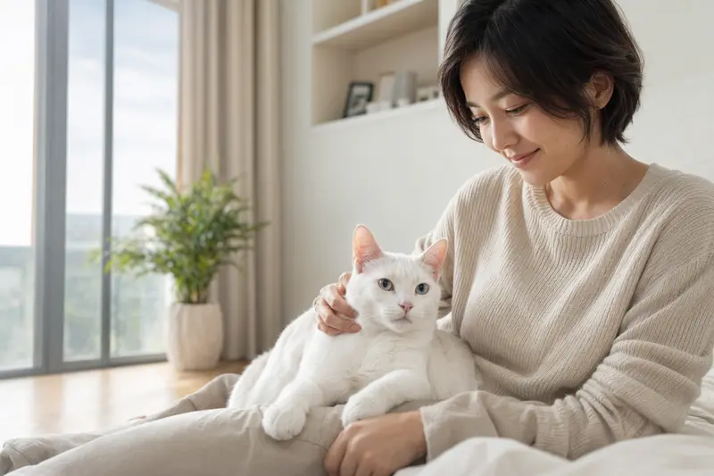 Ein gesunder Khao Manee sitzt entspannt neben seinem Besitzer in einer hellen, modernen Wohnung und strahlt Vertrauen aus.