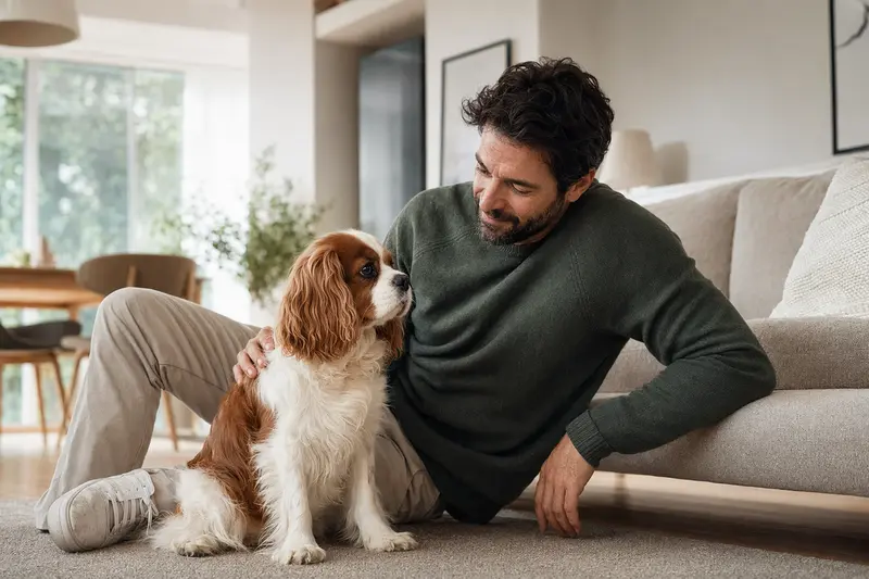 Ein entspannter King-Charles-Spaniel sitzt neben seinem glücklichen Halter in einer modernen Wohnung.