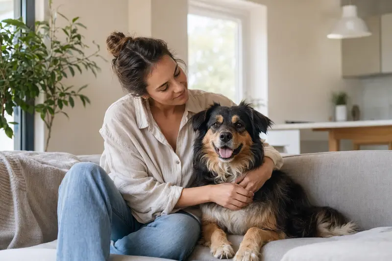 Ein entspannter Kintamani-Hund sitzt neben seinem Halter in einer modernen Wohnung und strahlt Zufriedenheit aus.