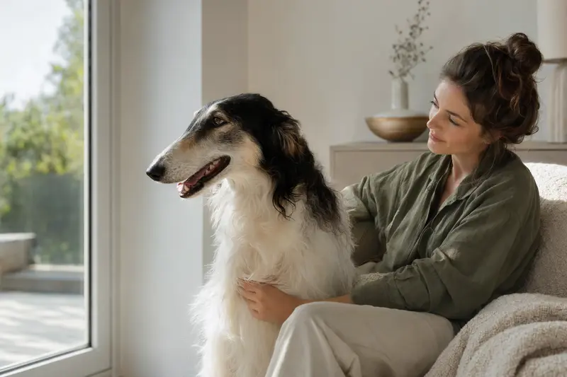 Ein glücklicher Kirghiz Barzoi sitzt entspannt neben seinem Halter in einer hellen Wohnung, umgeben von natürlichem Licht.