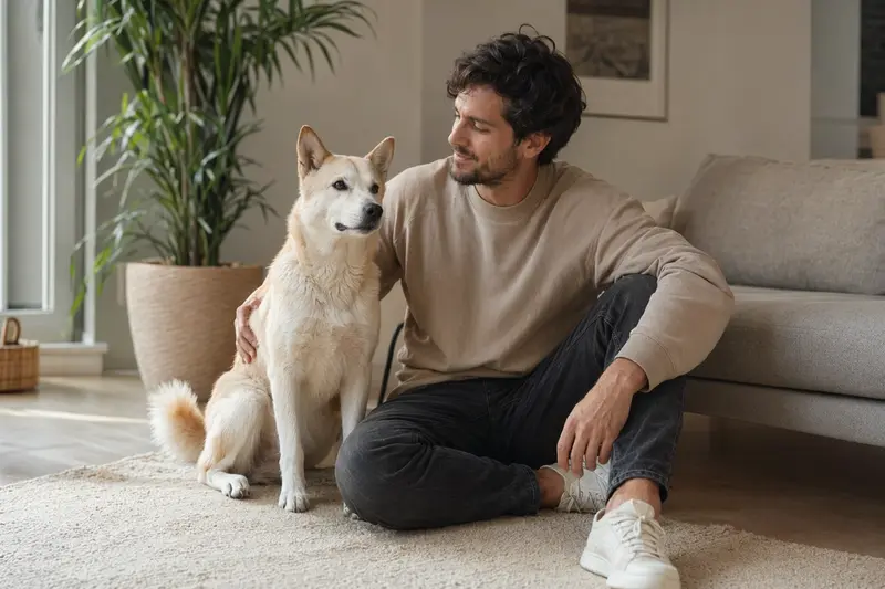 Ein glücklicher Kishu Inu sitzt entspannt neben seinem Besitzer in einer modernen Wohnung.