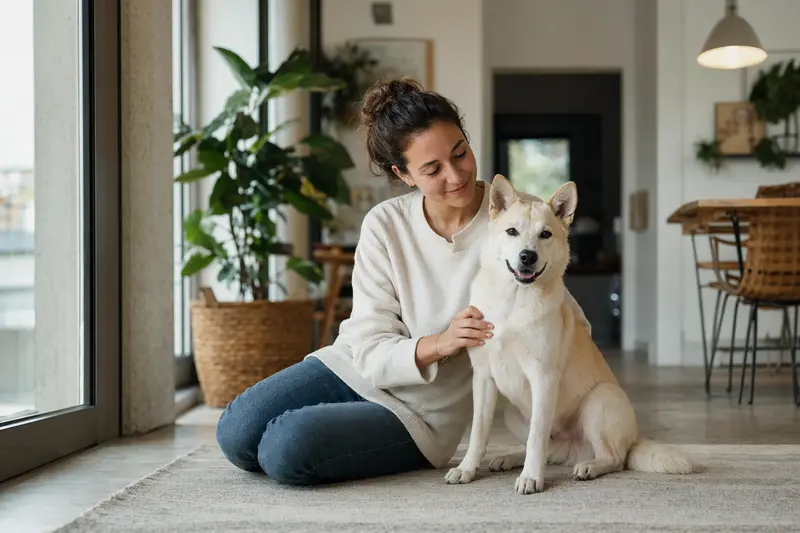 Ein glücklicher Kishu-Ken sitzt entspannt neben seinem Besitzer in einer modernen Wohnung und vermittelt ein Gefühl von Vertrauen.