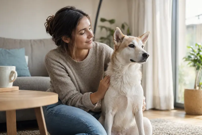 Ein entspannter Kishu sitzt neben seinem Besitzer in einer modernen Wohnung und genießt die vertrauensvolle Atmosphäre.
