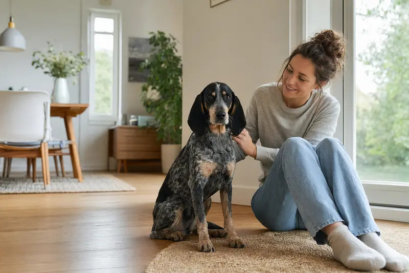 Ein glücklicher Kleiner Blauer Gascogne Laufhund sitzt entspannt neben seinem Halter in einer hellen, modernen Wohnung.