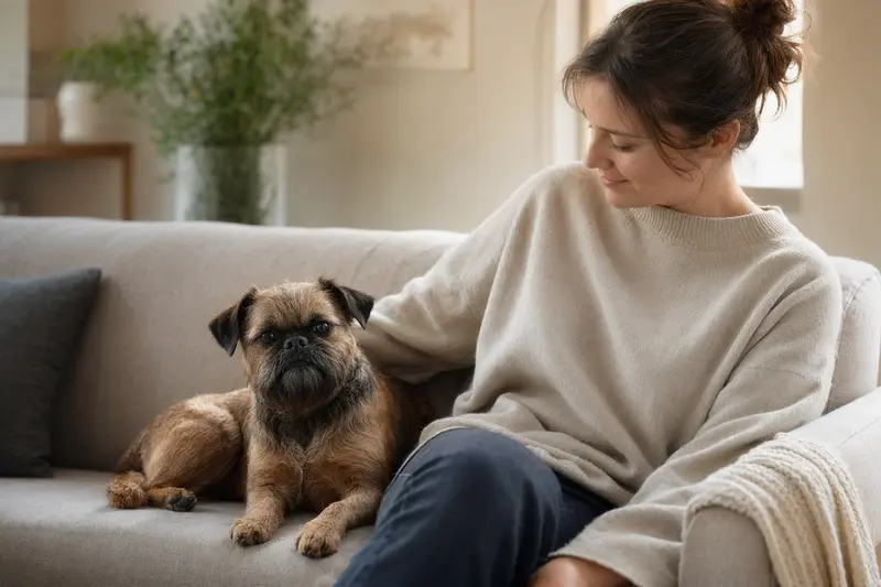 Ein kleiner Brabanter sitzt entspannt neben seinem Besitzer in einer hellen Wohnung und genießt die vertrauensvolle Atmosphäre.