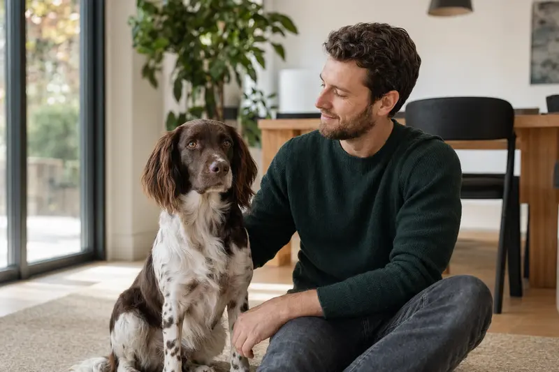 Ein kleiner Münsterländer sitzt entspannt neben seinem Besitzer in einer hellen Wohnung und strahlt Zufriedenheit aus.