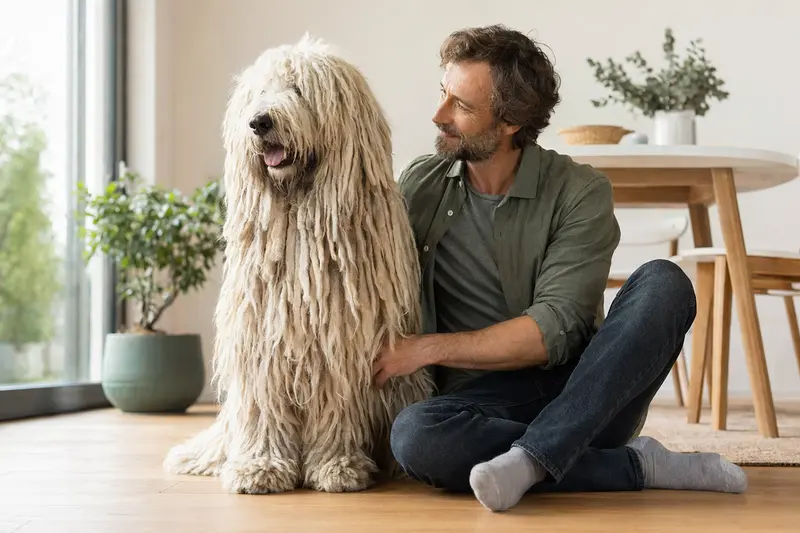 Ein entspannter Komondor sitzt neben seinem Besitzer in einer hellen, modernen Wohnung.
