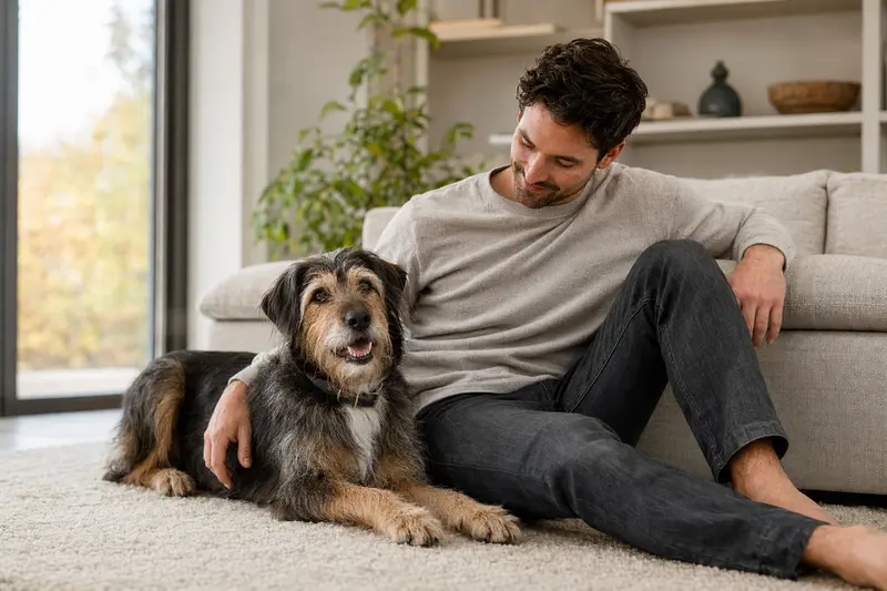 Ein entspannter Kongo-Terrier sitzt neben seinem Halter in einer hellen, modernen Wohnung.