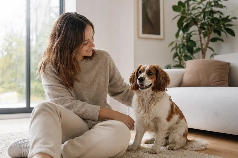 Ein glücklicher Kontinentaler Zwergspaniel sitzt entspannt neben seinem Besitzer in einer modernen Wohnung.