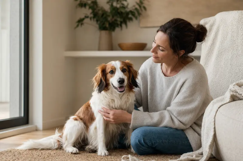 Glücklicher Kooikerhondje sitzt entspannt neben seinem Besitzer in einer modernen Wohnung.
