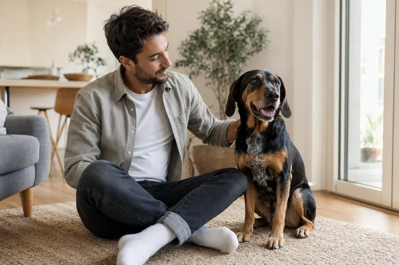 Ein glücklicher Hund sitzt entspannt neben seinem Besitzer in einer modernen Wohnung.