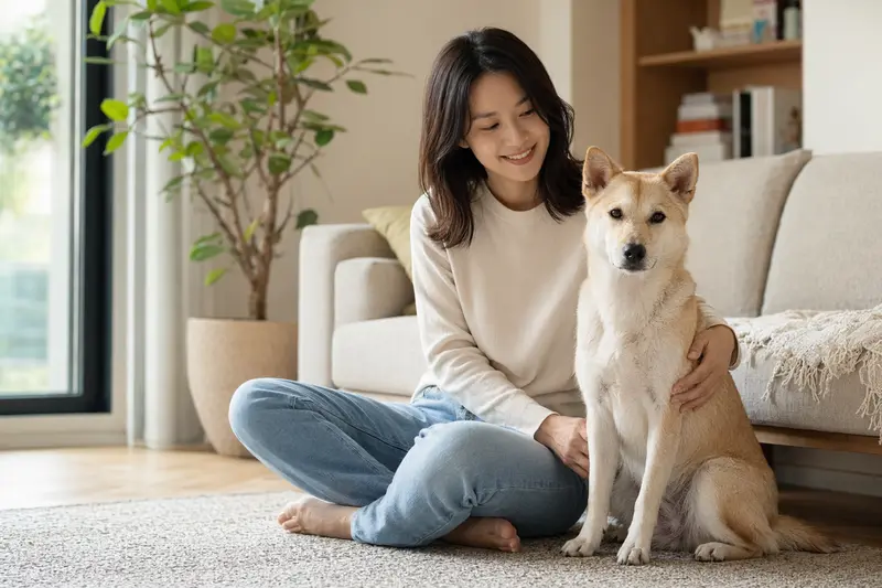 Ein entspannter Koreanischer Jindo sitzt neben seinem Besitzer in einer modernen Wohnung und strahlt Vertrauen aus.