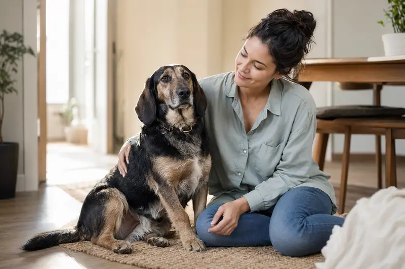 Ein glücklicher Kretischer Spürhund sitzt entspannt neben seinem Besitzer in einer modernen Wohnung.