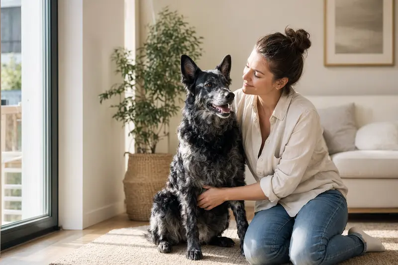 Glücklicher Kroatischer Schäferhund sitzt entspannt neben seinem Besitzer in einer modernen Wohnung.