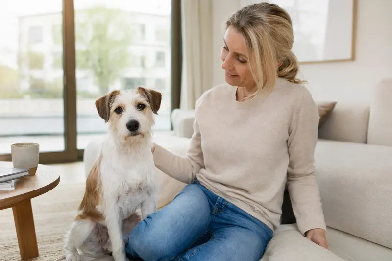 Ein entspannter Kromfohrländer sitzt neben seinem Besitzer in einer hellen modernen Wohnung und strahlt Zufriedenheit aus.