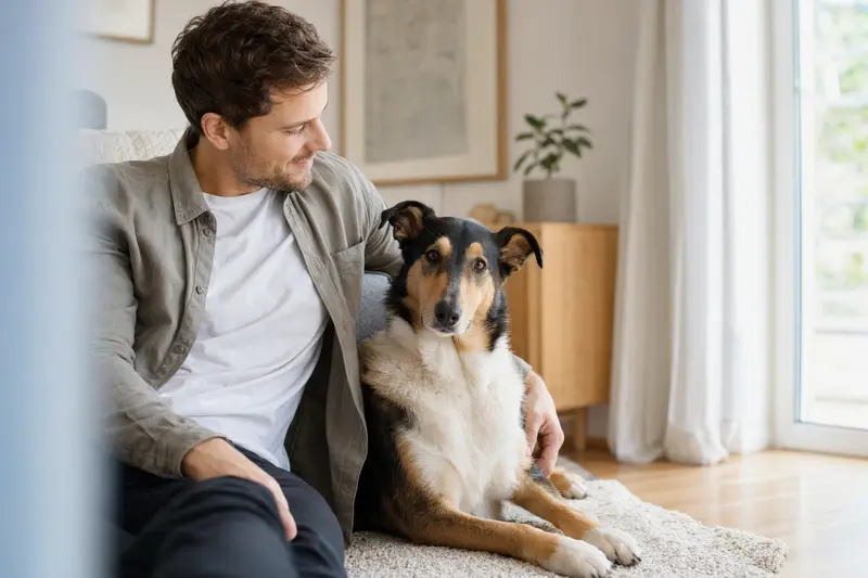 Ein entspannter Kurzhaarcollie sitzt neben seinem Besitzer in einer hellen Wohnung.