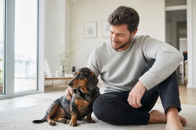 Ein glücklicher Kurzhaardackel sitzt entspannt neben seinem Halter in einer hellen modernen Wohnung und vermittelt eine vertrauensvolle Atmosphäre rund um Hundegesundheit und Versicherung.