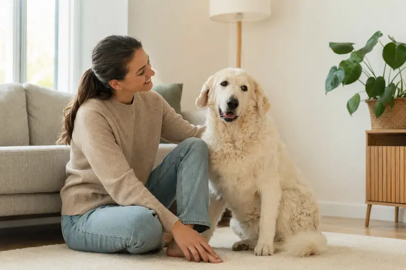Ein entspannter Kuvasz sitzt neben seinem glücklichen Besitzer in einer modern eingerichteten Wohnung.