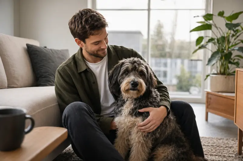 Ein entspannter Labradoodle sitzt neben seinem Besitzer in einer hellen modernen Wohnung, umgeben von natürlichem Licht.