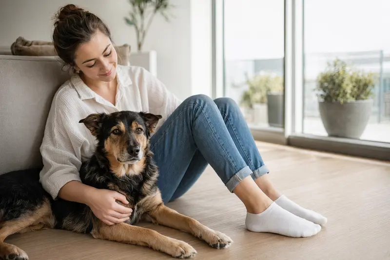 Ein entspannter Labrador Retriever sitzt neben seinem Besitzer in einer modernen Wohnung und strahlt Vertrauen aus.