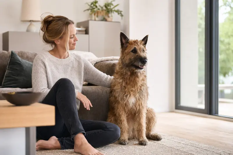 Ein glücklicher Laekenois sitzt neben seinem Besitzer in einer modernen Wohnung und strahlt Freundlichkeit aus.