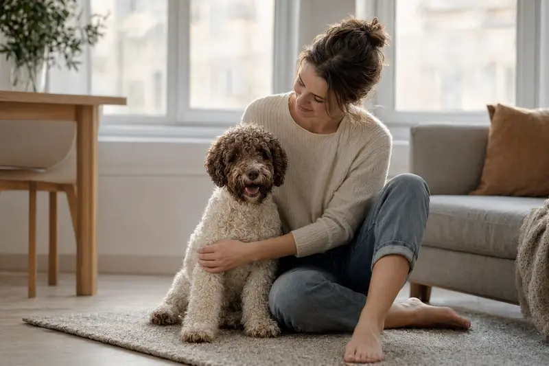 Glücklicher Lagotto Romagnolo sitzt entspannt neben seinem Halter in einer modernen Wohnung.