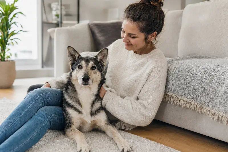 Ein glücklicher Laika sitzt entspannt neben seinem Besitzer in einer modernen Wohnung im warmen Licht.