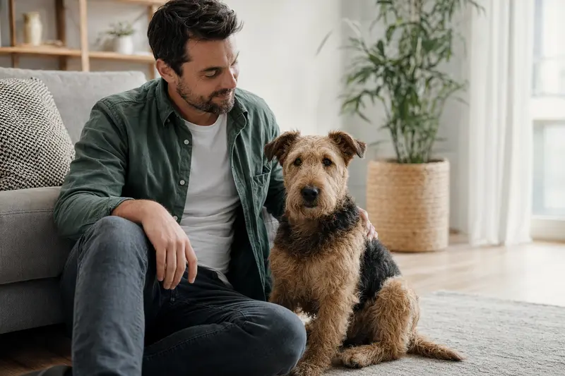 Ein entspannter Lakeland-Terrier sitzt neben seinem Besitzer in einer modernen Wohnung.