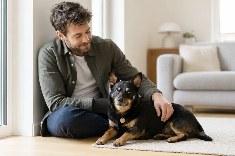 Ein glücklicher Lancashire Heeler sitzt entspannt neben seinem Besitzer in einer modernen Wohnung.