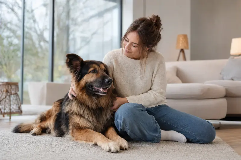 Ein gesunder, freundlicher Langhaar Schäferhund sitzt entspannt neben seinem Halter in einer hellen, modernen Wohnung.