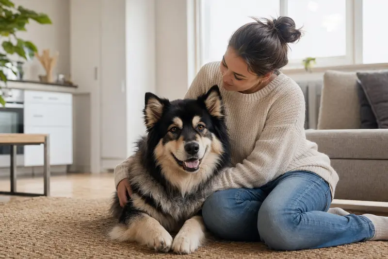 Ein glücklicher Lappländer Rentierhund sitzt entspannt neben seinem Besitzer in einer modernen Wohnung und strahlt Zufriedenheit aus.